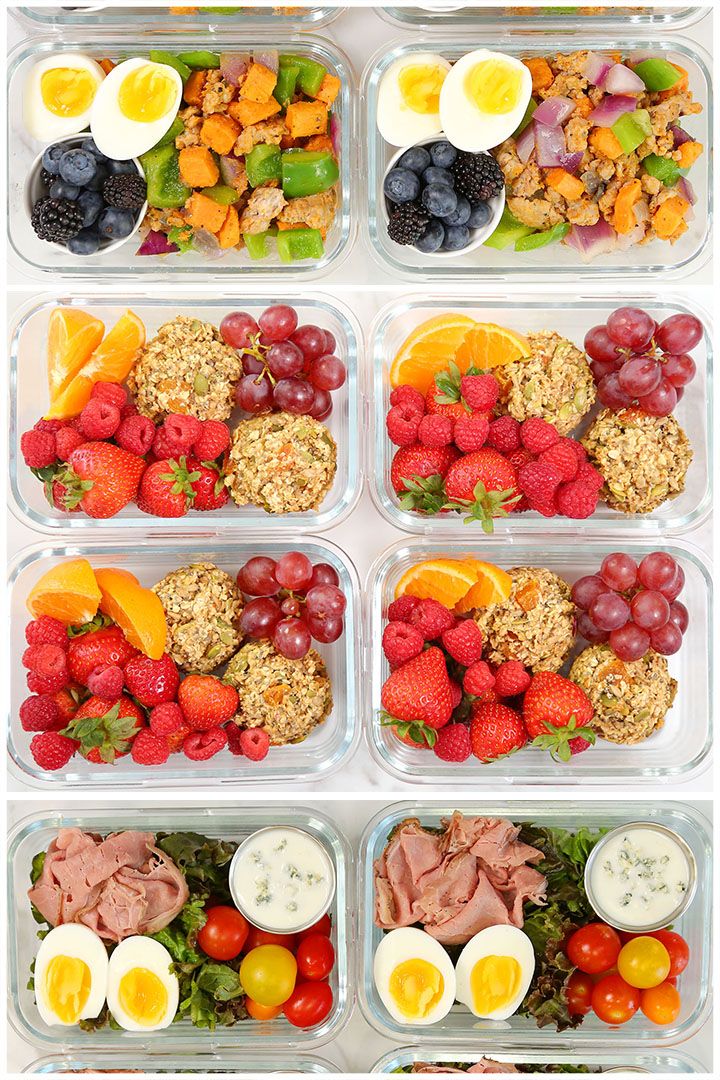 six plastic containers filled with different types of food and fruit on top of each other