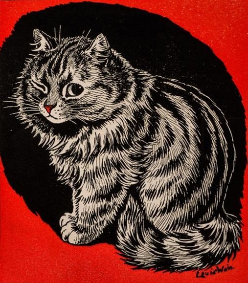 a black and white cat sitting on top of a red background with an oval image behind it