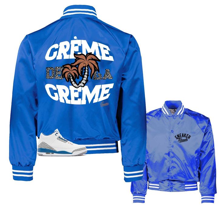 Sneaker jackets and tees to match Jordan Retro 3 wizards true blue | sneaker outfits. ST Clothing - Creme Sneaker Varsity Jacket Made of 100% satin polyester. Fits true to size. *You may refer to size chart for correct measurements.* SHOP OUR ENTIRE WIZARDS 3 COLLECTION HERE Sporty Windbreaker With Graphic Print For Streetwear, Blue Hip Hop Outerwear For Streetwear, Casual Blue Track Jacket For Streetwear, Blue Collegiate Varsity Jacket For Streetwear, Casual Blue Windbreaker For Streetwear, Blue Graphic Print Outerwear For Streetwear, Blue Varsity Jacket For Spring Streetwear, Sporty Blue Varsity Jacket For Streetwear, Collegiate Windbreaker For Winter Streetwear