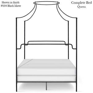 an iron bed frame is shown with measurements for the headboard and foot board on it