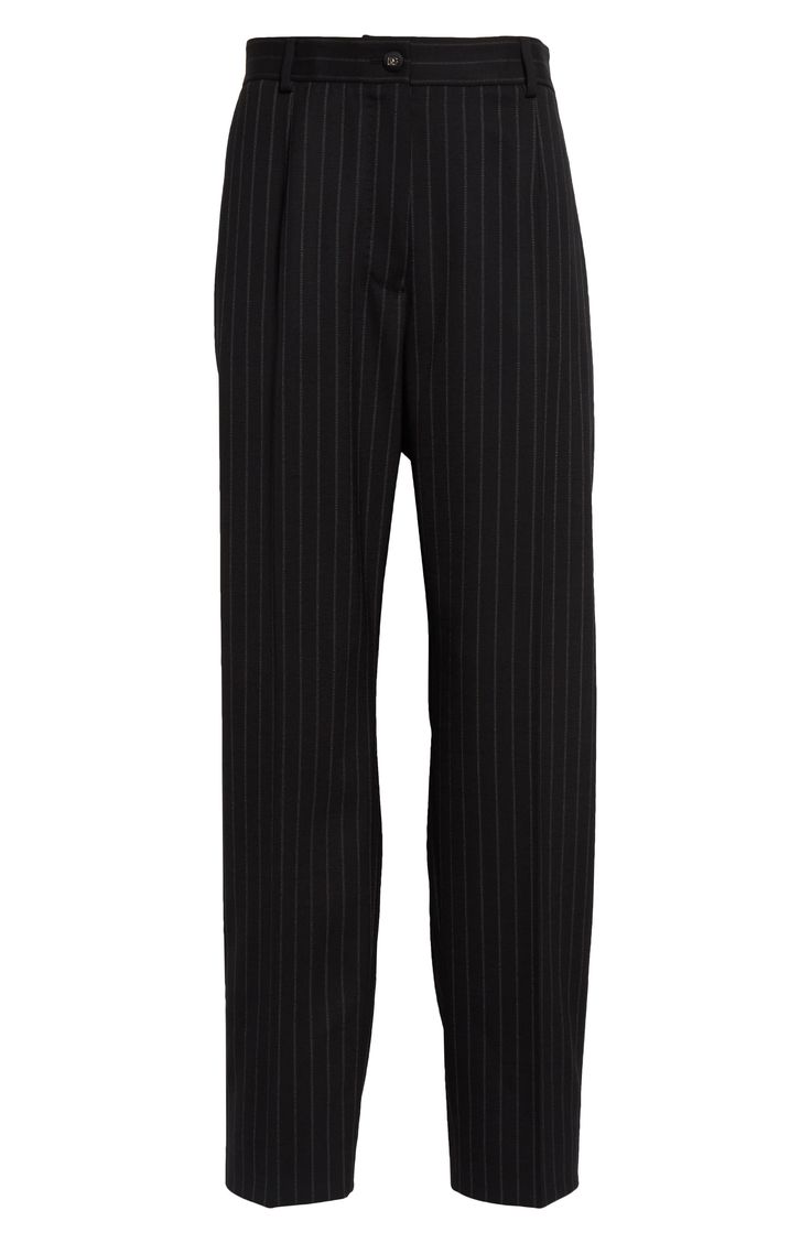 A monogram-marked button brands these tailored Italian pants faintly patterned in pinstripes that further elongate the high-waisted style. Zip fly with button closure Front slant pockets; back welt pockets 96% virgin wool, 2% polyester, 2% spandex Dry clean Made in Italy Designer Clothing Classic Tailored Bottoms With Vertical Stripes, Classic Pinstripe Business Pants, Classic Tailored Dress Pants With Vertical Stripes, Classic Striped Dress Pants For Formal Occasions, Classic Pinstripe Bottoms For Business Casual, Classic Striped Formal Bottoms, Classic Striped Dress Pants For Business, Formal Tailored Pants With Vertical Stripes, Business Striped Pants With Belt Loops