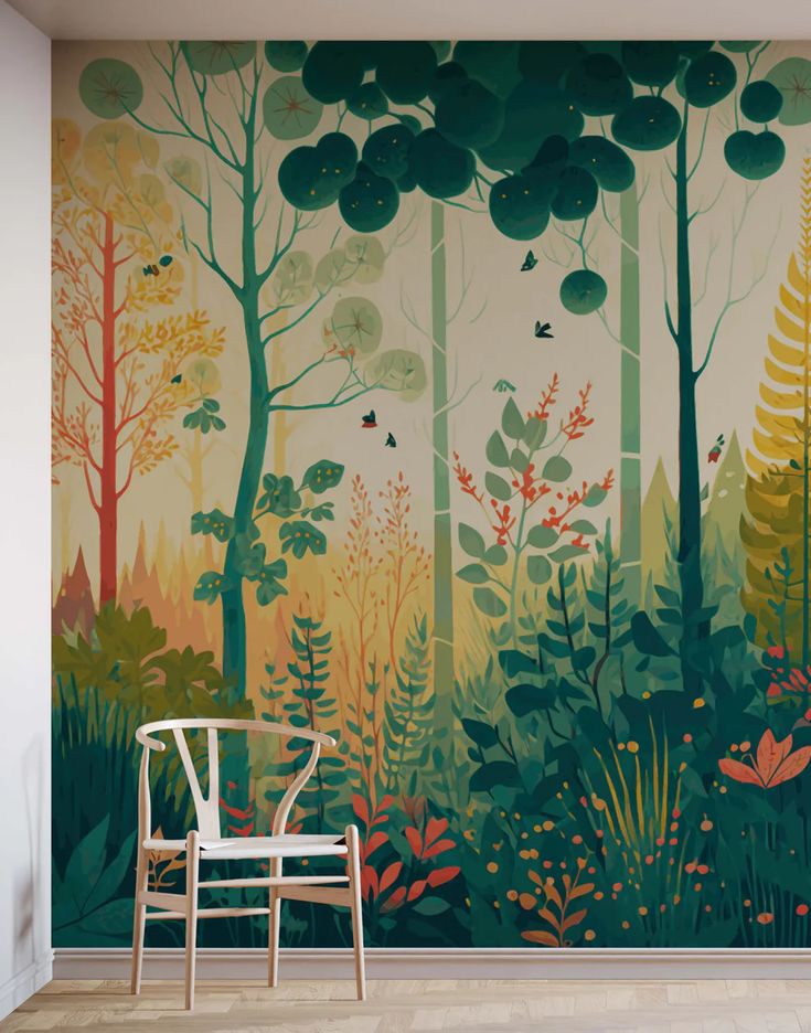 a chair sitting in front of a wall mural with trees and plants on it's sides