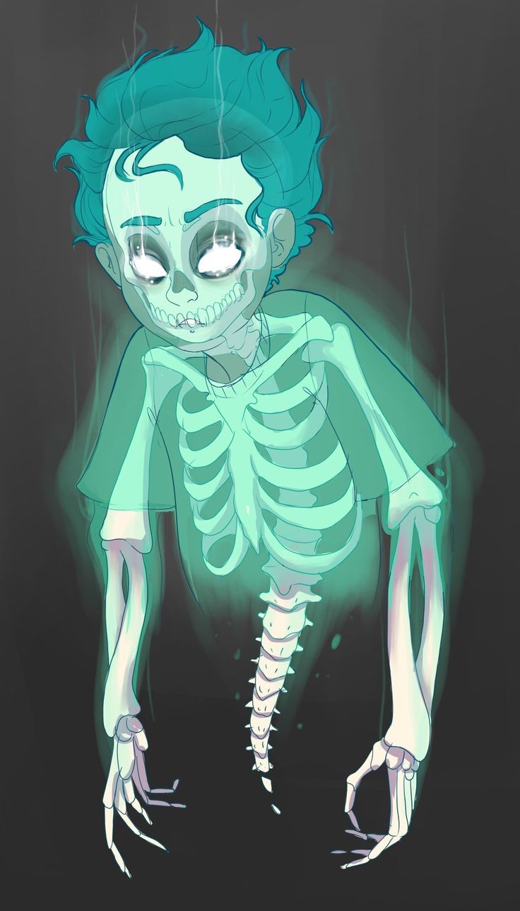 a drawing of a skeleton with green hair