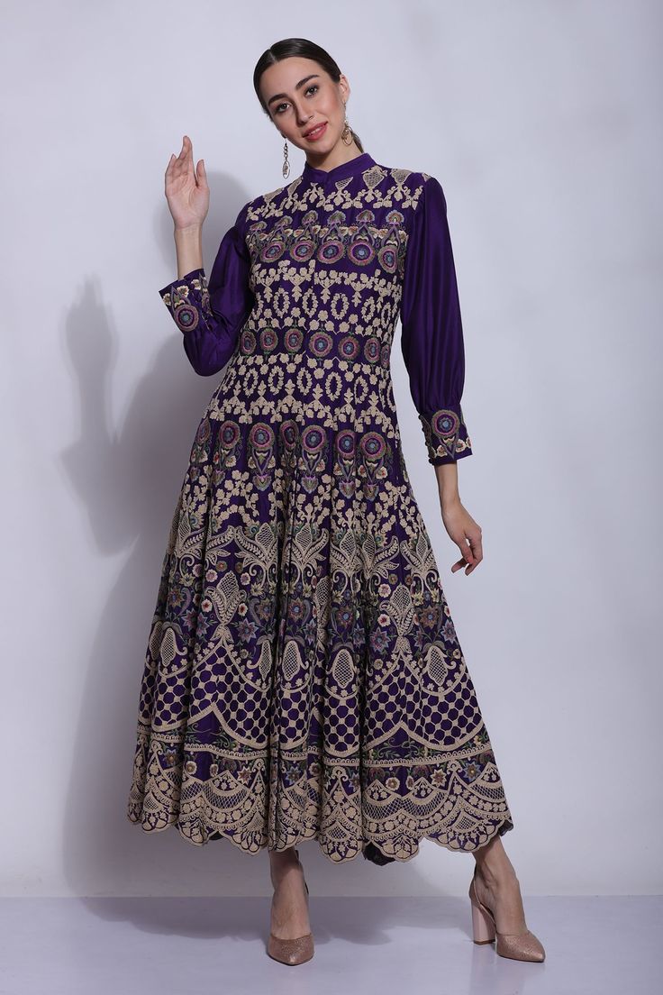 Purple anarkali with mughal jaal, dori and chikankari embroidery.
Component: 1
Pattern: Embroidered
Type Of Work: Mughal jaal, Dori, Chikankari
Neckline: Collar
Sleeve Type: Three quarter
Fabric: 25% Silk, 75% Cotton, Lining : Cotton
Color: Purple
Other Details: 
Closure : Hook and Eye
Occasion: Mehendi and Haldi - Aza Fashions Anarkali Sherwani With Resham Embroidery In Dola Silk, Embroidered Anarkali Sherwani For Reception, Embroidered Floor-length Purple Churidar, Purple Churidar With Intricate Embroidery, Embroidered Purple Floor-length Churidar, Anarkali Sherwani With Chikankari Embroidery In Chanderi, Anarkali Chanderi Sherwani For Reception, Semi-stitched Embroidered Anarkali Sherwani, Anarkali Style Sherwani With Resham Embroidery In Art Silk