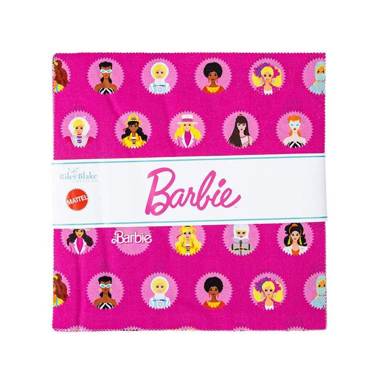 a pink blanket with barbie dolls on it and the word barbie written in white letters