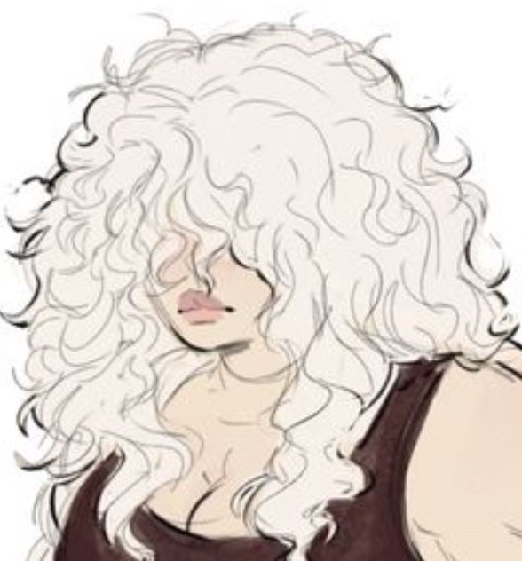 a drawing of a woman with white hair and long curly hair wearing a black tank top