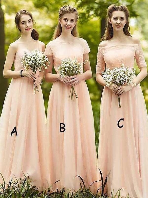 three different pictures of the same bridesmaid in their wedding gowns, one with flowers