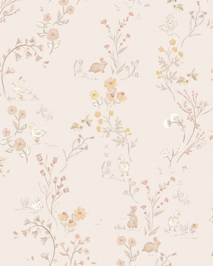 a wallpaper with flowers and birds on the top, in pastel pink tones