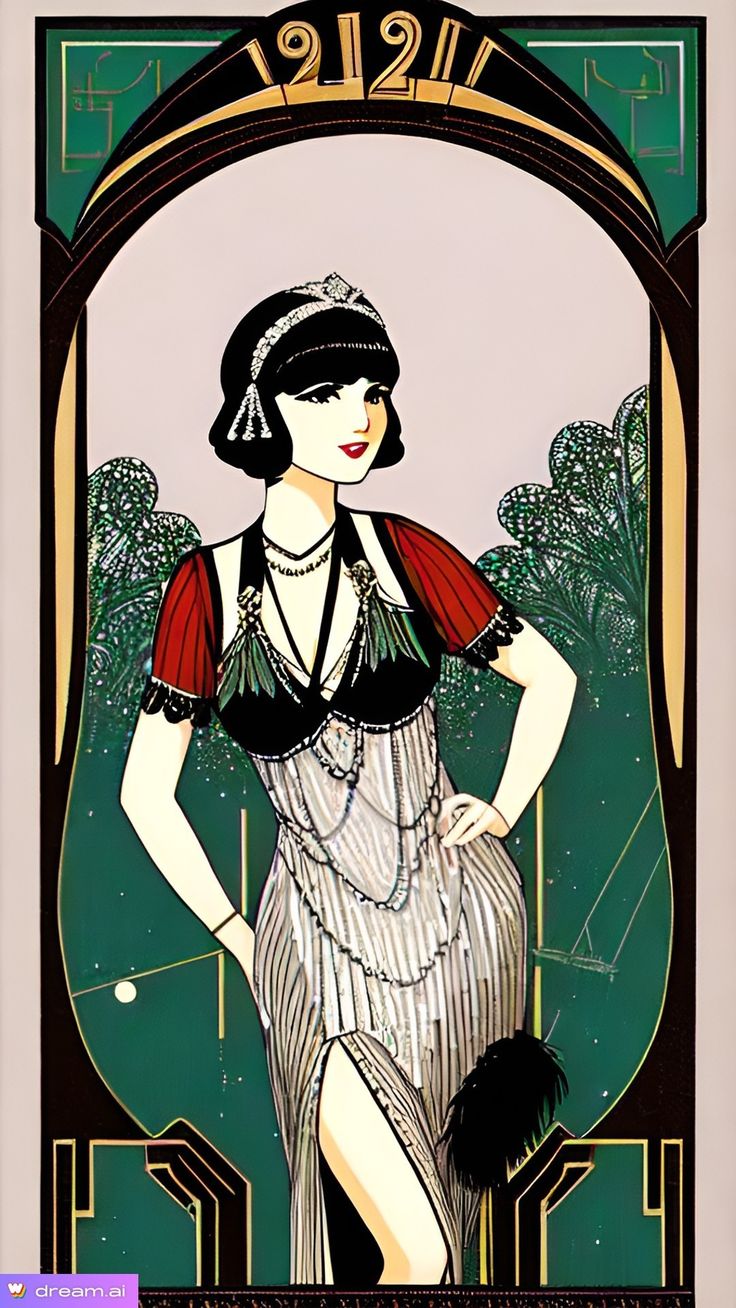 an art deco poster with a woman in a flap dress