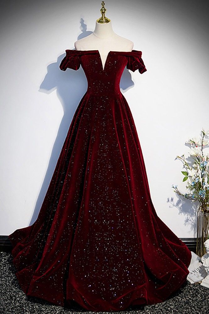 10% off now|Buy fantasy bling burgundy velvet off shoulder prom dress at cheap price online. Free stable shipping and pro custom service since 2009. Dark Red Prom Dress, Wine Red Prom Dress, Prom Dress Burgundy, Burgundy Evening Dress, Velvet Evening Dress, Burgundy Prom Dress, Burgundy Velvet, Red Prom, Long Prom Dresses