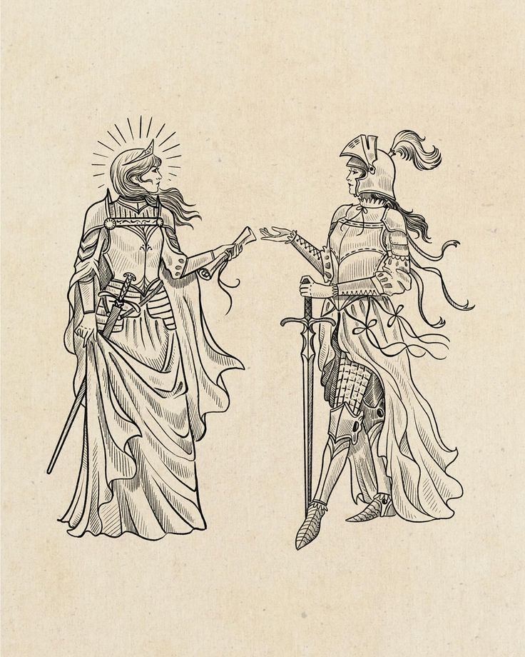 two medieval knights standing next to each other