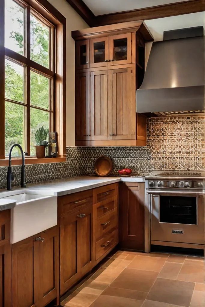 a kitchen with wooden cabinets and stainless steel stove top oven in the middle of it