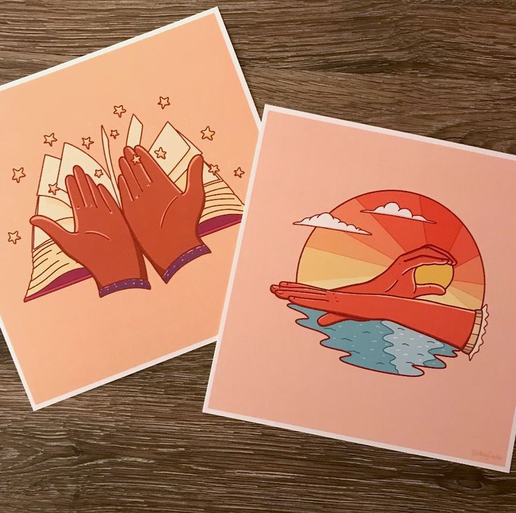 two greeting cards with hands holding an open book and the sun in the sky above them