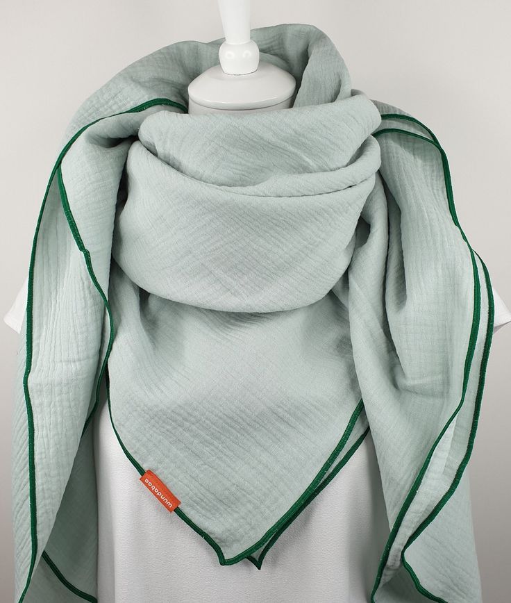 "The muslin scarf mint gives your outfit lightness. Color: mint Hem Color: chlorophyll Size and Weight: 51 x 51\", 8.1 oz (130 x 130 cm, 230 grams) 26 x 26\", 2.3 oz (65 x 65 cm, 56 grams) Type of fabric: Muslin 100% organic Cotton Care instructions: Delicate cycle, best in the laundry net" Spring Green Cotton Scarves, Green Cotton Scarves For Spring, Casual Green Cotton Scarves, Pastel Couture, Double Gaze, Double Gauze, Scarf Wrap, Scarf Accessory, Care Instructions