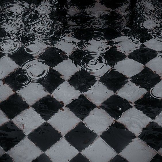 a black and white checkered tile floor with water droplets on the ground in front of it