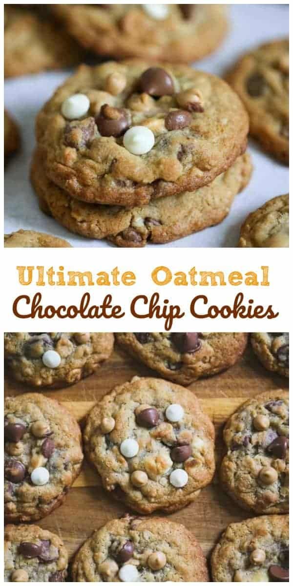 chocolate chip cookies are stacked on top of each other, with the words ultimate oatmeal chocolate chip cookies