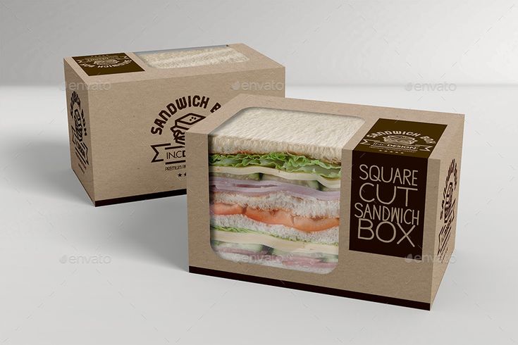 two cardboard boxes with sandwiches in them on a white background - packaging print templates