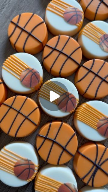 basketball cookies decorated with orange and white icing