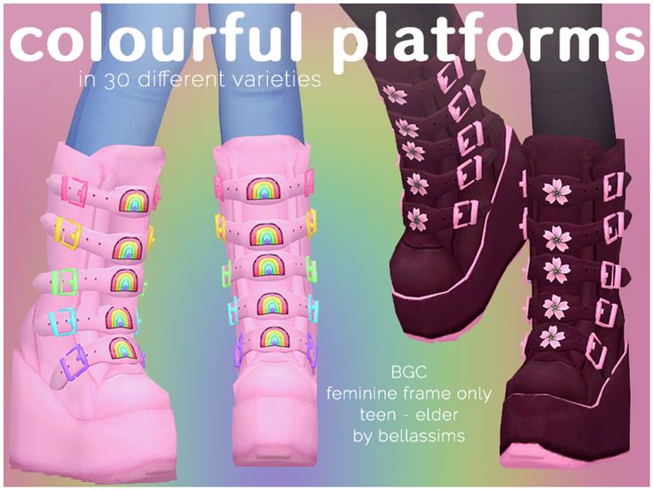 three pairs of colorful platform boots with flowers and rainbows on the sides, all in different colors