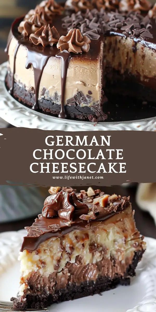 german chocolate cheesecake on a plate with a slice cut out and the cake is ready to be eaten