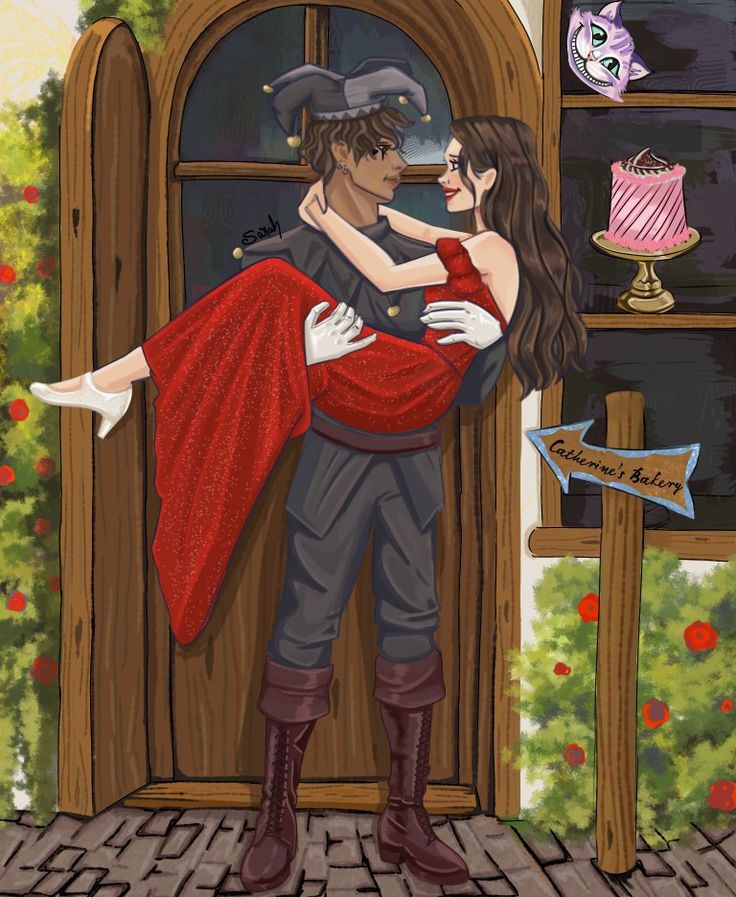 a painting of a man and woman hugging in front of an open door with flowers