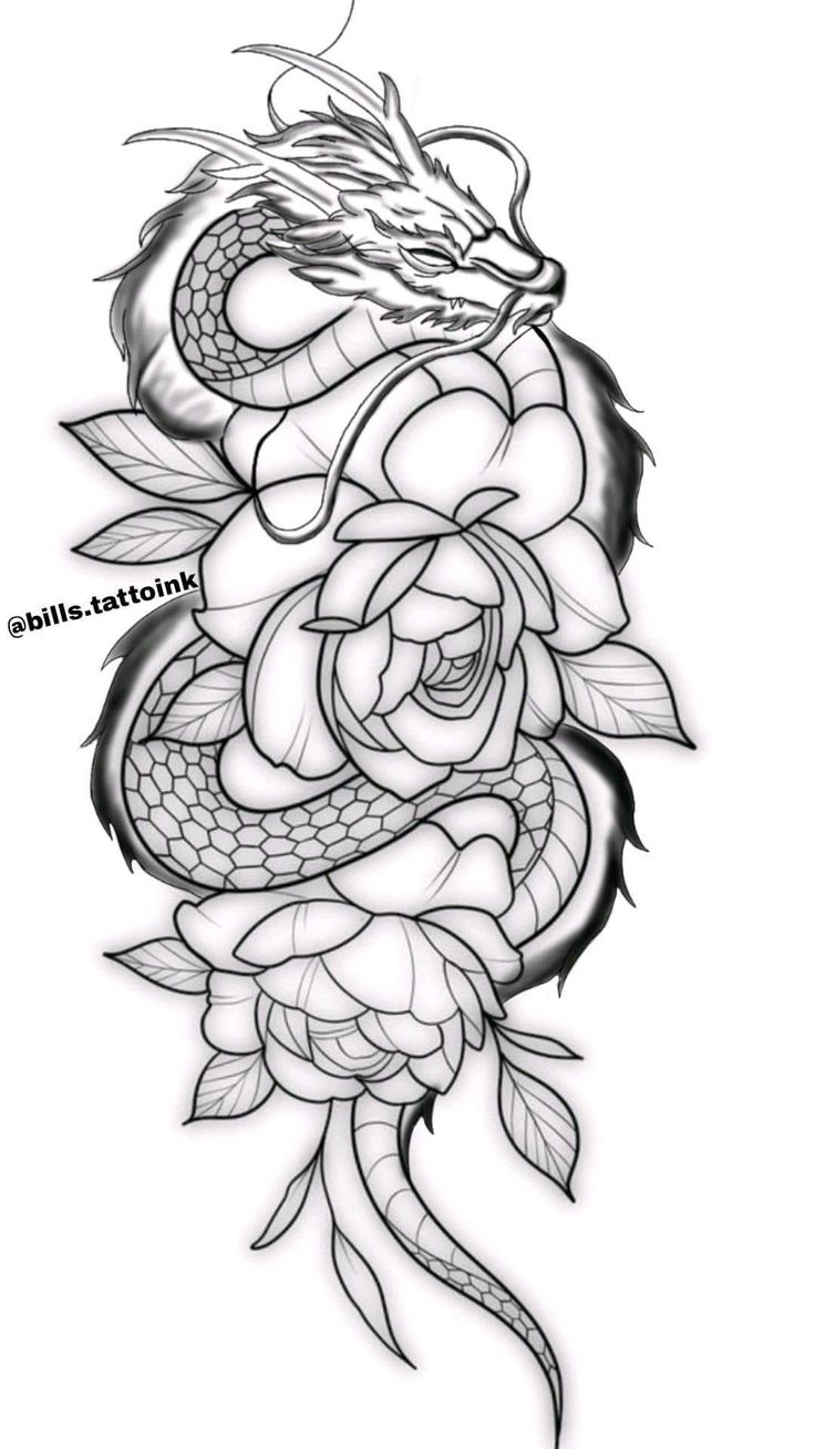 a dragon and rose tattoo design