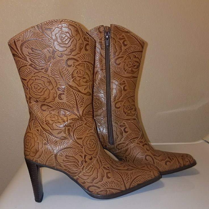 Two-Toned Flowered Brown Western Style Boots. Zippered Closure. Only Worn A Few Times. Still Look Brand New! Cc Brown Floral Print Boots For Fall, Western Boots With Floral Print For Fall, Country Style Brown Heeled Boots For Rodeo, Brown Snip Toe Mid-calf Boots For Spring, Spring Brown Snip Toe Mid-calf Boots, Spring Brown Mid-calf Snip Toe Boots, Western Style Brown Mid-calf Boots For Spring, Brown Heeled Boots For Rodeo In Spring, Brown Heeled Boots For Rodeo Spring Season