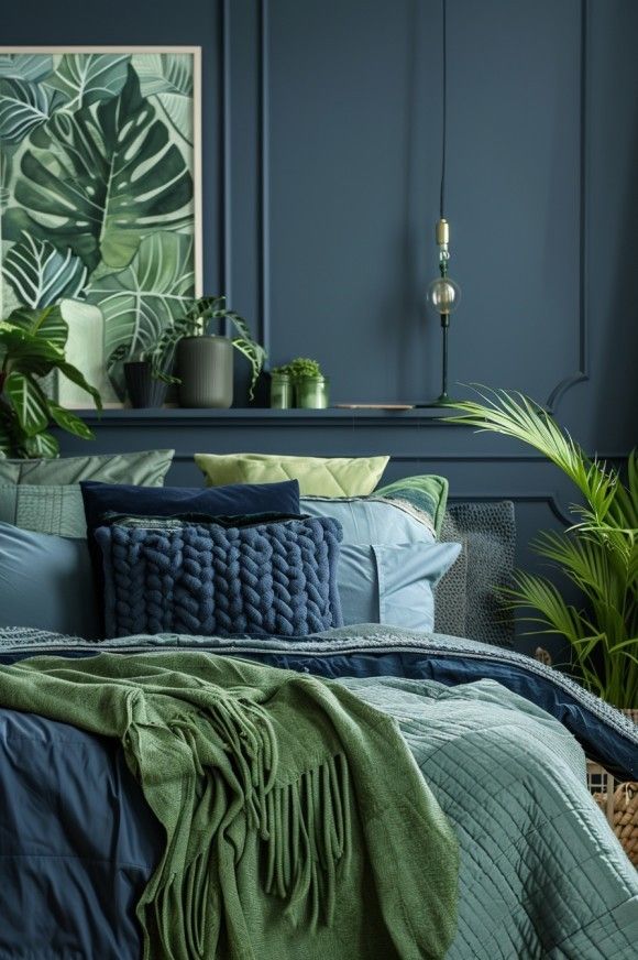 a bedroom with blue walls and green plants on the bed, along with a wicker basket