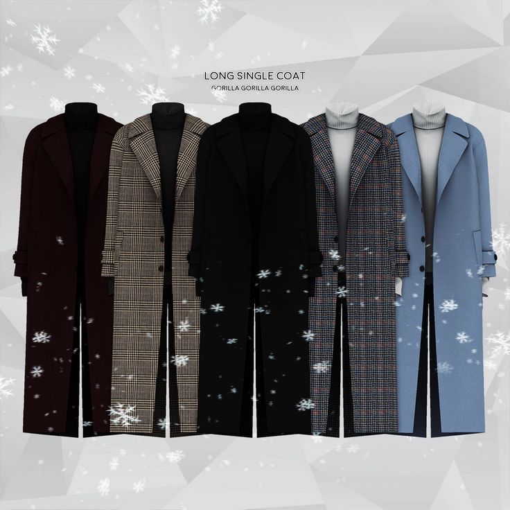 four coats with snowflakes on them are lined up against a white and gray background