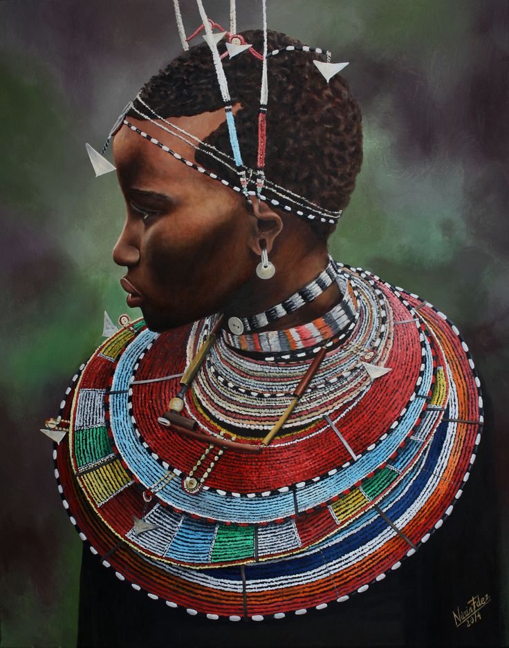 an oil painting of a woman's head with many necklaces on her neck