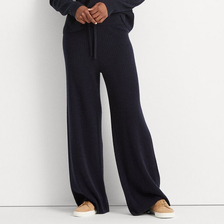 New With Tags, Lauren Ralph Lauren "Washable Cashmere" Pants In Lauren Navy Color. Ribbed Design With Drawstring Waistband. Retail $295 Navy Bottoms For Loungewear In Winter, Womens Black Belt, White Wide Leg Trousers, Silk Wide Leg Pants, Chambray Pants, Drawstring Waist Pants, Cashmere Pants, Slacks Trousers, Black Wide Leg Trousers