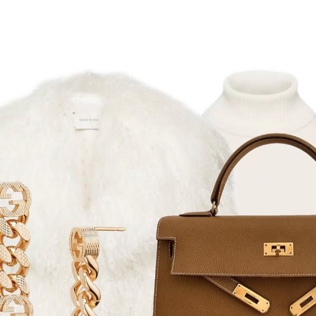 a white fur coat, brown handbag and gold chain bracelets are on display