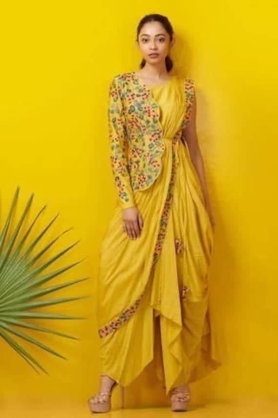 Cotton Silk Gown Dress  Embroidered Patterned jacket Yellow Haldi Outfit, Cowl Drape Dress, Drape Sari, Indo Western Outfits For Women, Haldi Dress, Haldi Outfits, Haldi Outfit, Draping Fashion, Indo Western Dress