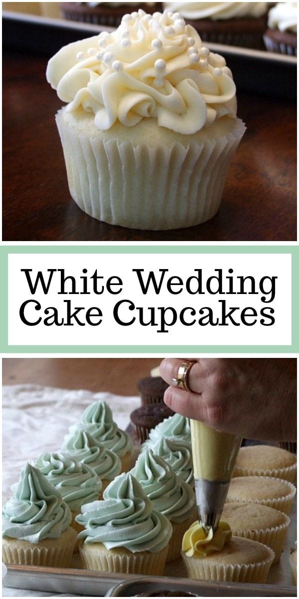 white wedding cake cupcakes with frosting being piped into the icing