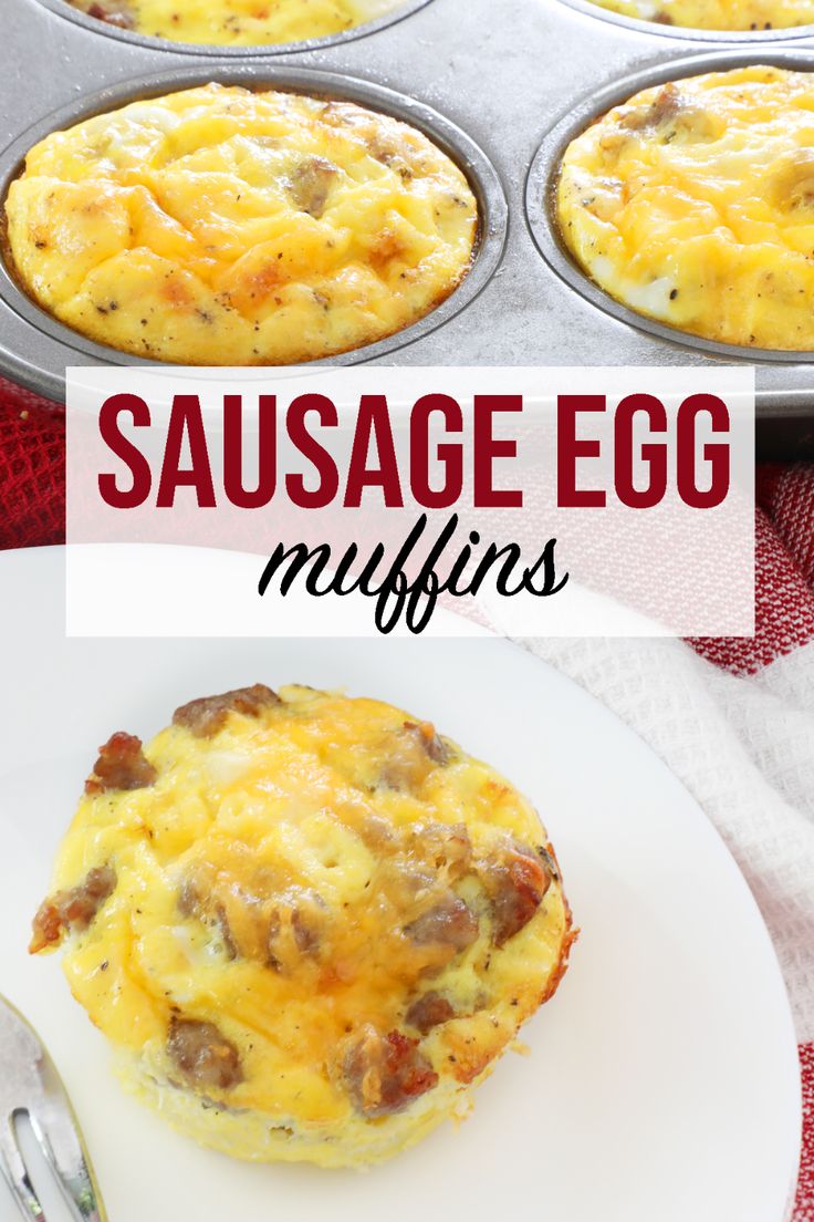 sausage egg muffins in a muffin tin on a plate with a fork