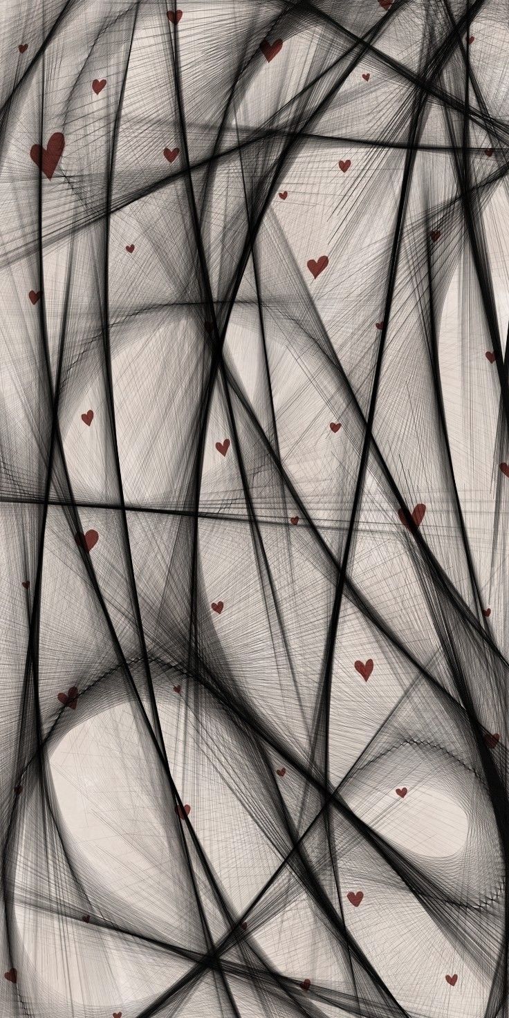 an abstract black and white painting with hearts in the center, surrounded by thin lines