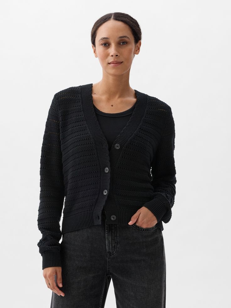 Relaxed Mixed-Stitch Cardigan | Gap Factory Casual Pointelle Knit V-neck Sweater For Layering, Casual V-neck Sweater With Button Cuffs, Casual Textured Knit Everyday Cardigan, Casual Fall Cardigan With Pointelle Knit, Casual Everyday Textured Knit Cardigan, Spring Cotton V-neck Sweater For Layering, Spring V-neck Cardigan With Ribbed Cuffs, Casual V-neck Sweater With Buttons For Layering, Casual V-neck Pointelle Knit Cardigan