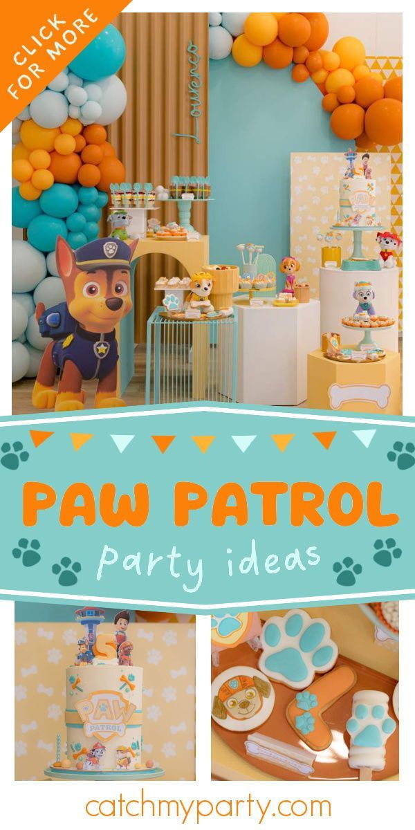 paw patrol birthday party with balloons, cake and cupcakes on the table in blue and orange colors