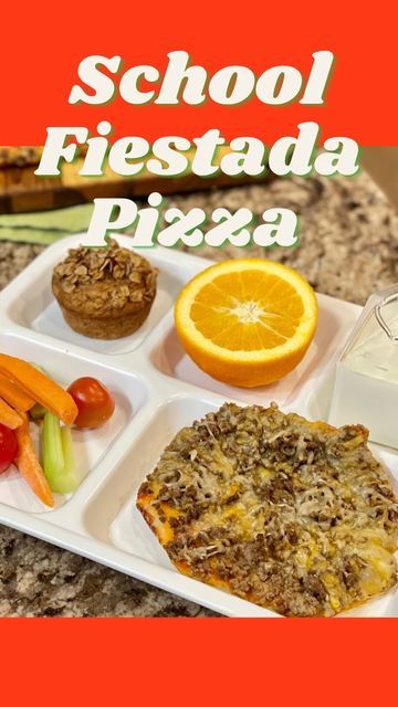 there is a tray with food on it and the words school fiesta pizza written in spanish