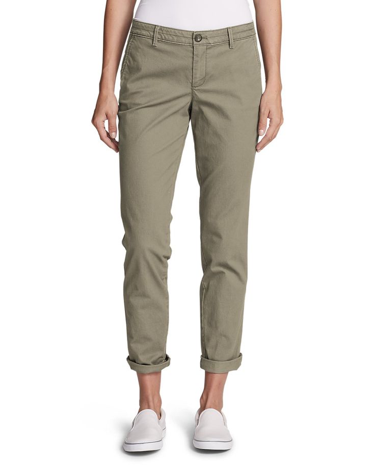 Renowned for their exceptionally soft texture and durability, these pants also offer the added comfort and superior fit of stretch, thanks to the cotton/spandex fabric that's naturally wrinkle-resistant. Trimmed leg openings create a more updated shape that's less baggy around the ankle, especially when rolled.NOTE: This style is available online and through catalog only. Green Khaki Pants Outfit Women Casual, Relaxed Fit Mid-rise Pants Without Pockets, Fitted Cotton Pants With 5-inch Inseam, Non-stretch Cotton Casual Work Pants, Non-stretch Cotton Casual Chinos, Classic Non-stretch Cotton Bottoms, Casual Non-stretch Cotton Work Pants, Versatile Comfort Stretch Pants With Hip Pockets, Casual Non-stretch Cotton Chinos