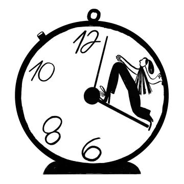 a black and white drawing of a person swinging on a swing board inside an alarm clock