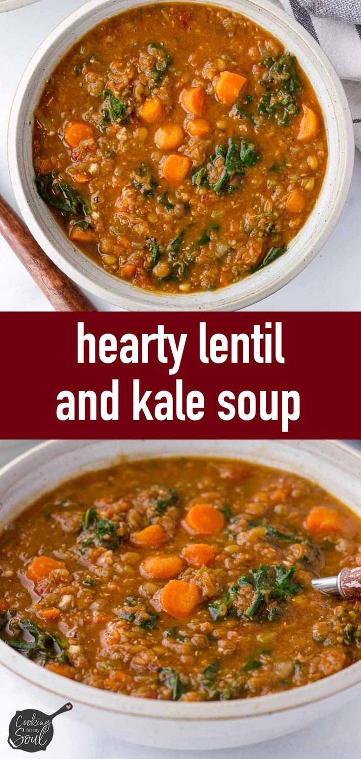 hearty lentil and kale soup in a white bowl