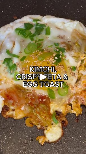 an egg and vegetable pizza is shown with the words kimchi crispy eta & egg toast