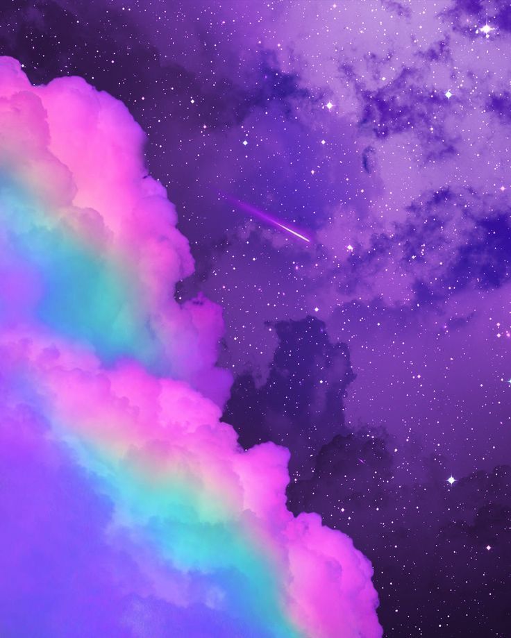 the sky is filled with colorful clouds and stars