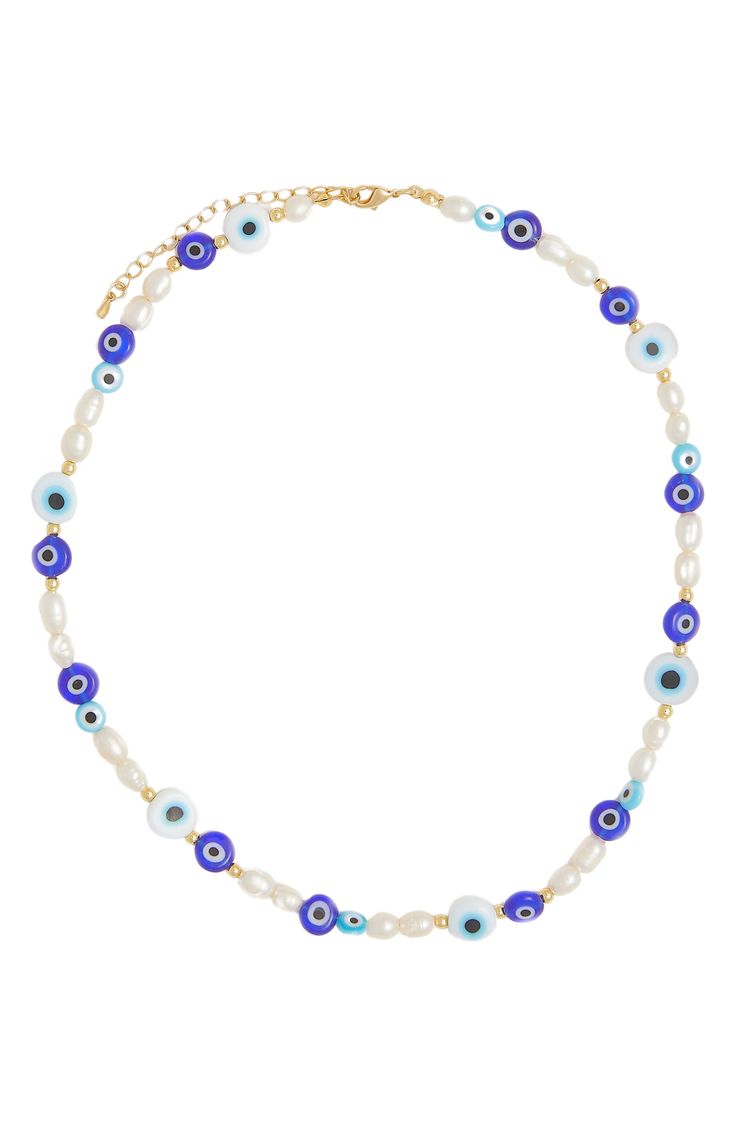 Evil eyes peer out among freshwater pearls in this playful beaded necklace. 15 1/2" length; 2" extender Glass/freshwater pearl/18k-gold plate Imported Evil Eye Beaded Necklace, Beaded Necklace Blue, Evil Eyes, Necklace Blue, Evil Eye, Womens Jewelry Necklace, Freshwater Pearls, 18k Gold, Beaded Necklace