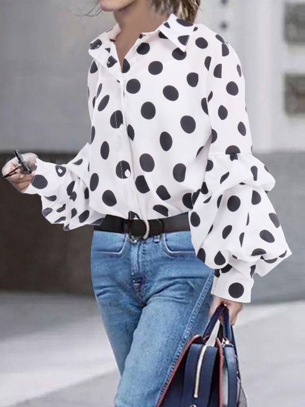 Sku CY-!124553 Material Polyester fiber Style Loose, Long Sleeves Feature Splicing, Polka Dot Neckline Lapel Occasion Casual, Urban, Simple Seasons Spring, Summer, Autumn Type Blousesshirts Tops Color BLACK, WHITE Size S,M,L,XL,2XL,3XL,4XL,5XL Size Chart: Please consult the size chart we provide for this item's measurements to help you decide which size to buy.Please note: There may be 1-3cm differ due to manual measurement. CM Bust Waist Shoulder Sleeve Length S 95 98 40 59.5 65 M 100 103 41 60 Autumn Knitwear, Mode Kimono, Sleeves Clothing, Blouse Material, Loose Blouse, Womens Long Sleeve Shirts, Polka Dot Blouse, Long Puff Sleeves, Retro Shirts