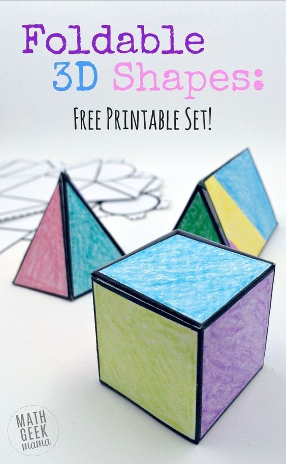 three colorful cubes with the text foldable 3d shapes free printable set