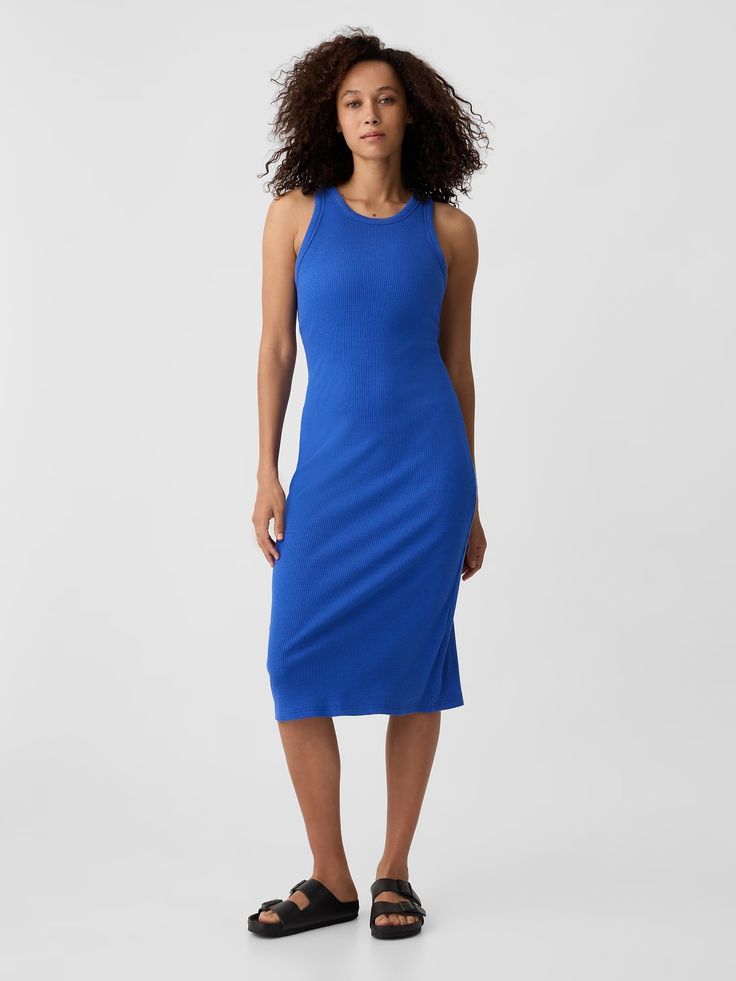 Ribbed Midi Tank Dress | Gap Factory Spring Ribbed Bodycon Dress With Spaghetti Straps, Solid Ribbed Dress With Spaghetti Straps, Solid Ribbed Spaghetti Strap Dress, Casual Solid Ribbed Bodycon Dress, Solid Ribbed Bodycon Dress With Spaghetti Straps, Solid Stretch Ribbed Midi Dress, Solid Color Ribbed Stretch Midi Dress, Casual Ribbed Stretch Dresses, Casual Stretch Dress With Ribbed Neckline