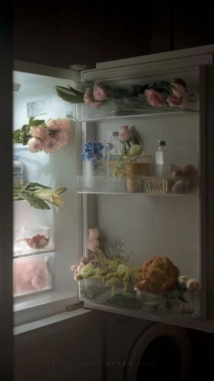 an open refrigerator filled with lots of flowers