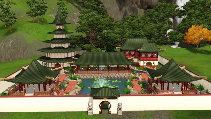 an artist's rendering of a chinese style house in the middle of a park